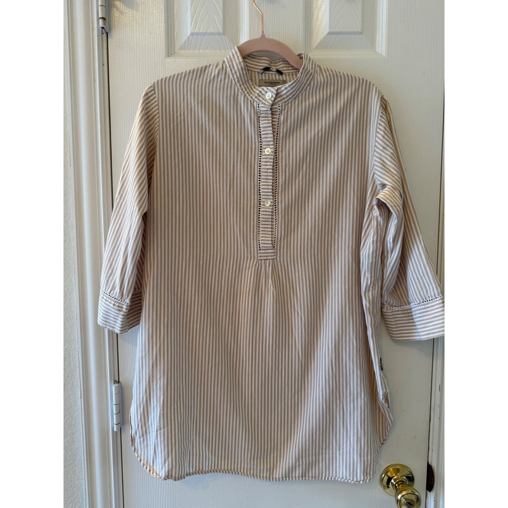 Burberry London Striped Tunic Top Tan White Cotton 3/4‎ Sleeve Small S